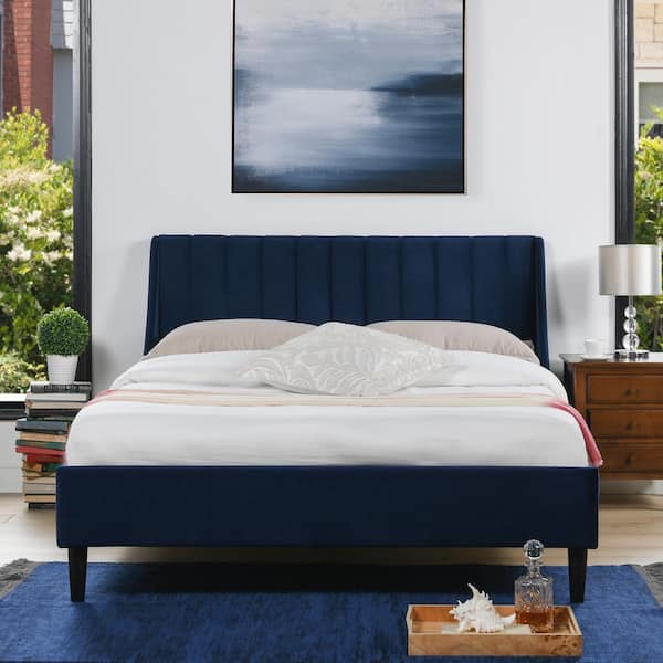 Aspen 63.5 in. Velvet Vertical Tufted Upholstered Queen Modern Platform Bed Frame with Headboard in Navy Blue