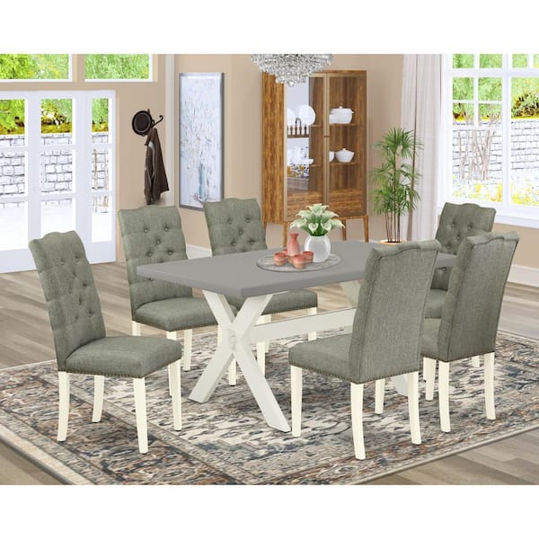 East West Furniture 7-Piece Rectangle Natural Oak Finish Solid Wood Top Dining Set with 1 table and 6 Upholstered-Chairs with Lattice Back