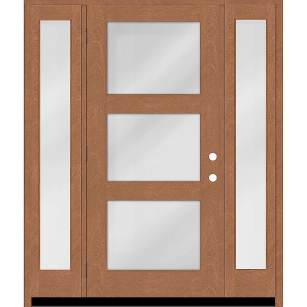 Steves & Sons Regency 64 in. x 80 in. Modern 3-Lite Clear Glass RHOS AutumnWt Mahogany Fiberglass Prehung Front Door w/Dbl 12 in. SL
