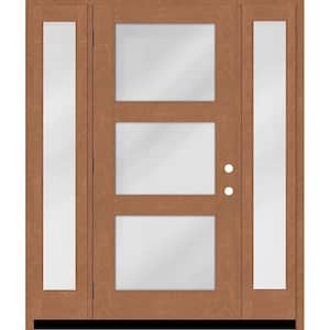 Regency 68 in. x 80 in. Modern 3-Lite Equal Clear Glass RHOS Autumn Mahogany Fiberglass Prehung Front Door DBL 14 in. SL