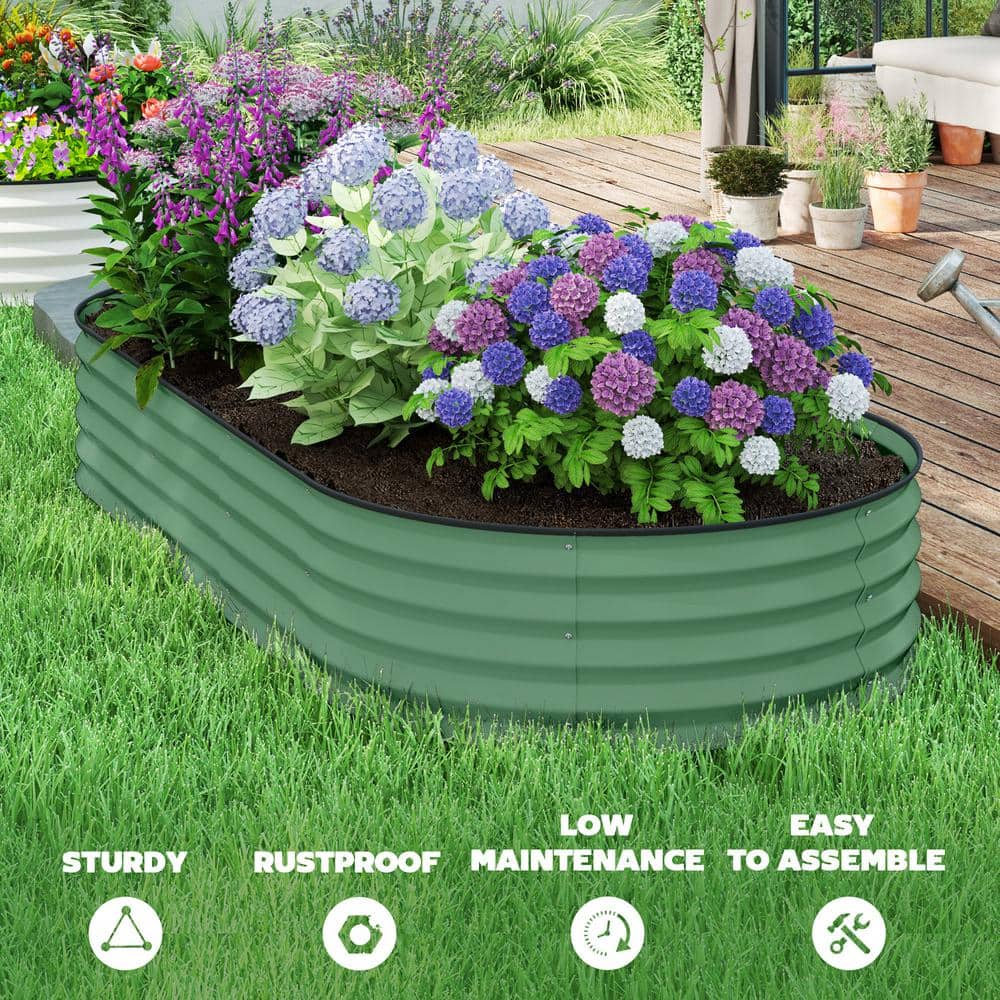 Green Galvanized Steel Raised Garden Bed Set with Metal Plant Stakes