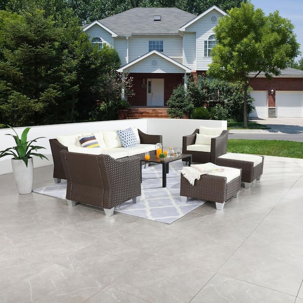 Patio Festival 9-Piece Wicker Patio Conversation Set with Beige Cushions