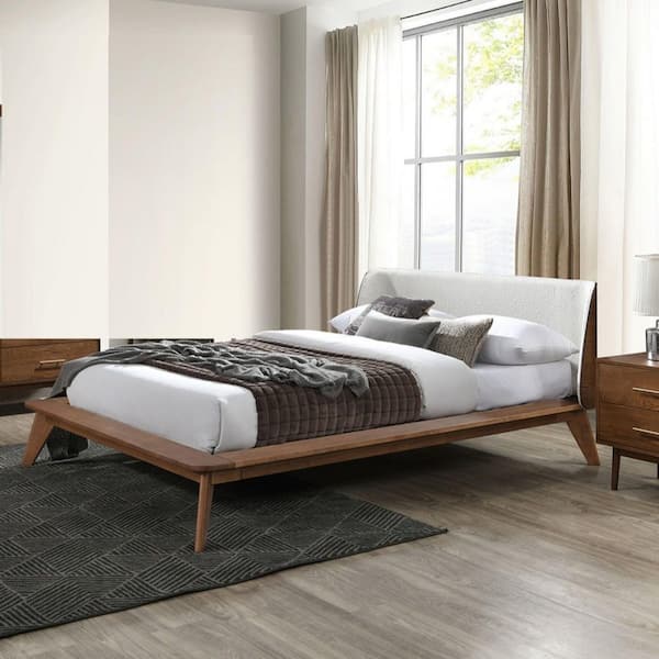 Asher Mid-Century Modern Walnut and Beige Upholstered Boucle Wood Frame Full Size Platform Bed with Winged Headboard