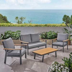 4-Piece Grey Metal Wood Patio Outdoor Conversation Set with Grey Cushions