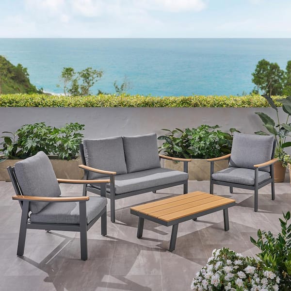 Zeus & Ruta 4-Piece Grey Metal Wood Patio Outdoor Conversation Set with Grey Cushions