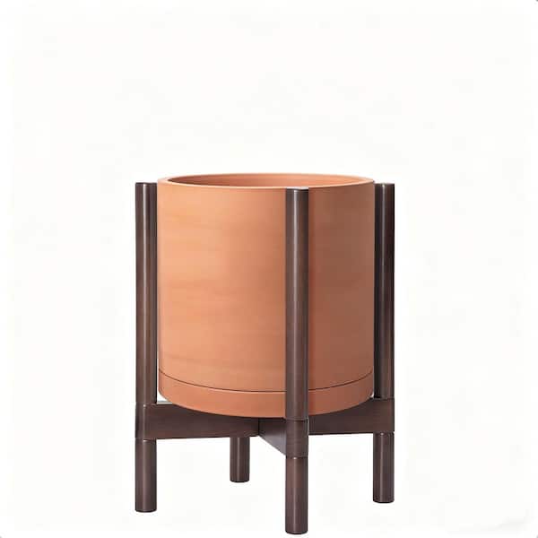 Terracotta Ceramic Round Flower Planter Pot with Wood Planter Holder (12 in. W x 12 in. H) for Garden Decor