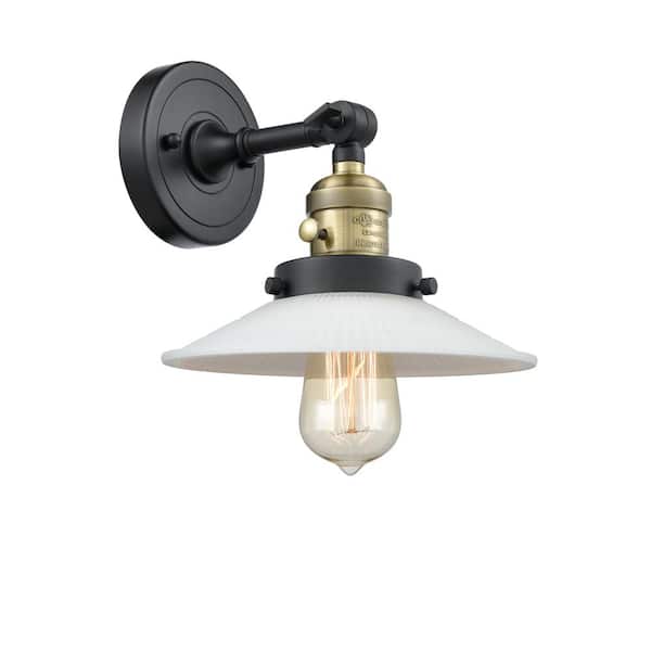 Halophane 1-Light Black Antique Brass, Matte White Halophane Wall Sconce with White Glass Shade