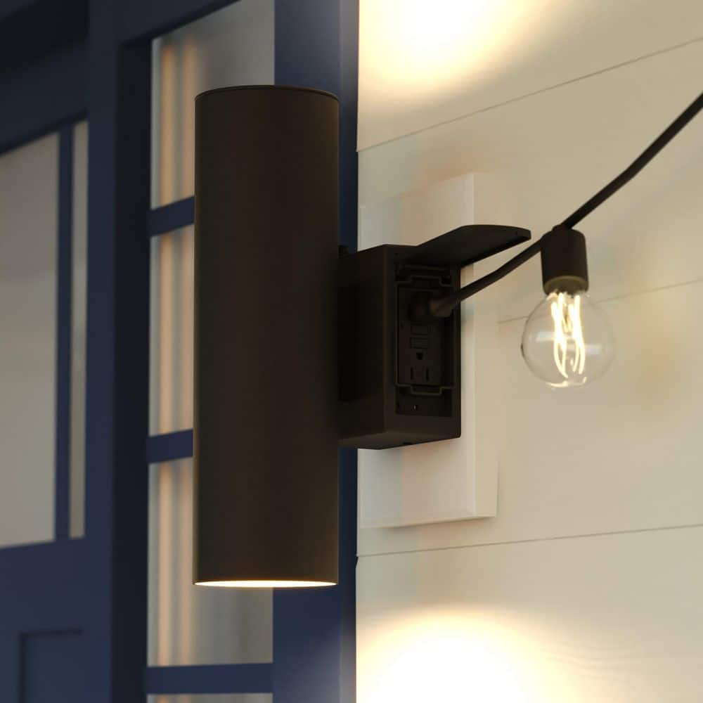 Chiasso 13.25 in. H Black Dusk to Dawn Outdoor Hardwired Up-Down Wall Sconce Light with GFCI Outlet Metal Shade price history on PriceWatchPro