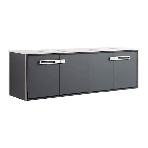 FINE FIXTURES Oakville 72 in. W x 20 in. D x 23.25 in. H Wall Mounted Bathroom Vanity in Gray with White Quartz Top