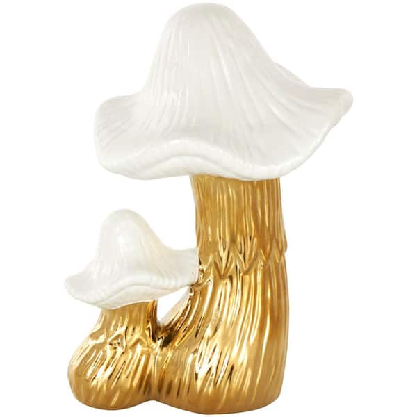 Litton Lane 10 in. Gold Ceramic Mushroom Sculpture with White Tops and Textured Grooves