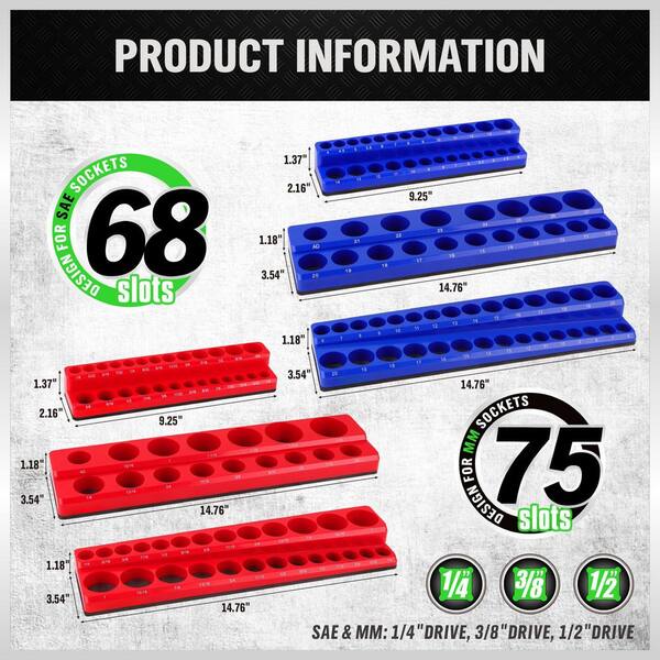 Blue Red ABS Plastic Magnetic Socket Organizer Set SAE Metric