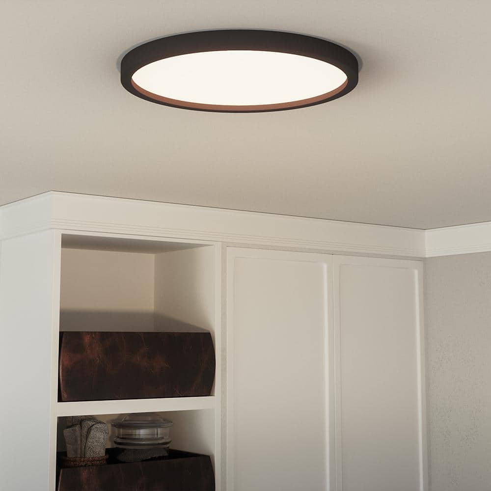 Sleek Earth Black 15" Aluminum LED Flush Mount with White Acrylic Shade
