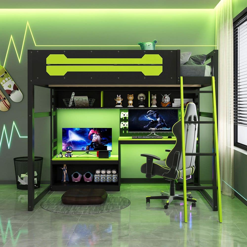 Black and Green Full Size Modern Wood Gaming Loft Bed with Ladder, LED Lights, Pegboard, Desk, USB Ports and Shelves