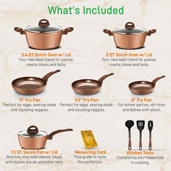 NutriChef 12-Piece Bronze Nonstick Cooking Kitchen Cookware Pots