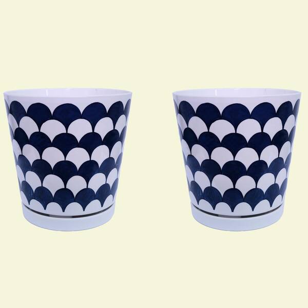 MPG 8.75 in dia Blue and White Fan Pot with Self Watering Saucer (2-pack)