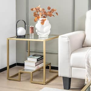 22 in. Gold 2-Tier Square Glass Top Sofa Side Table End Table Metal Frame for Living Room Bedroom