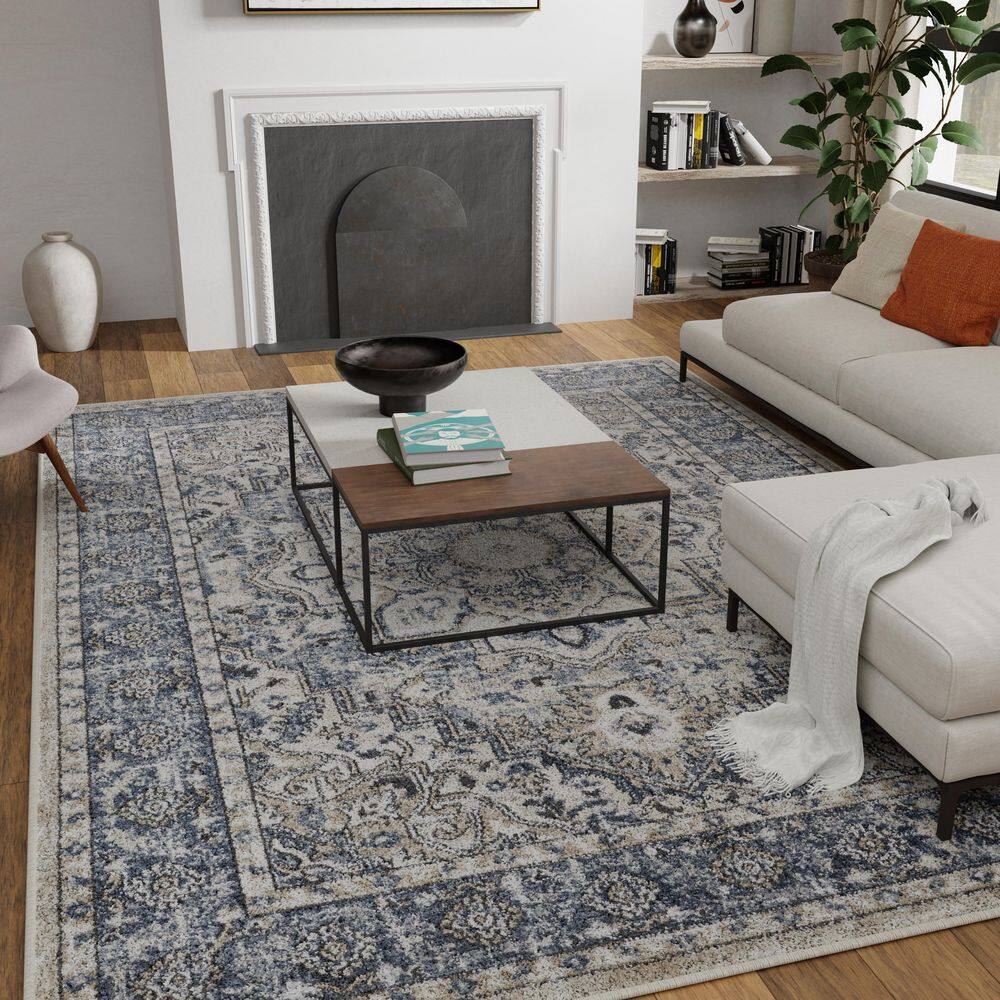 Blue and Beige Floral Medium Pile Synthetic Area Rug
