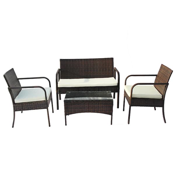 Inner Decor Carney 4-Piece Brown Wicker Patio Conversation Set with Square Table and Beige Cushions