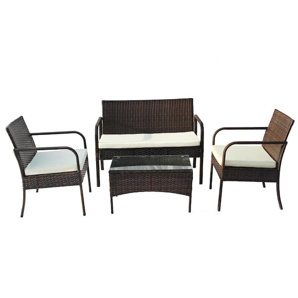 Unbranded SERGA 4-Piece Outdoor Rattan Wicker Patio Conversation Set With White Cushions