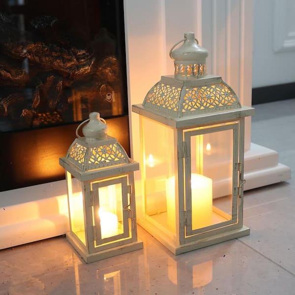 Unbranded 14.4 in. x 5.5 in. Begie Metal Vintage Lantern without Candle (Set of 2)