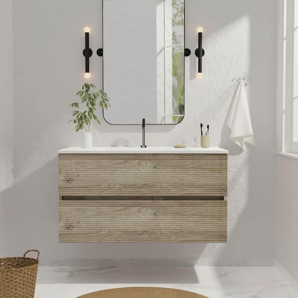 36 in. Wall-Mounted Floating Bath Vanity in Rough Oak with Single Ceramic Sink Top in White