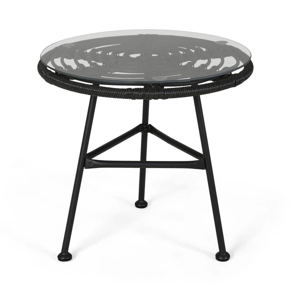 Gray and Black Round Faux Rattan Outdoor Side Table with Tempered Glass Top