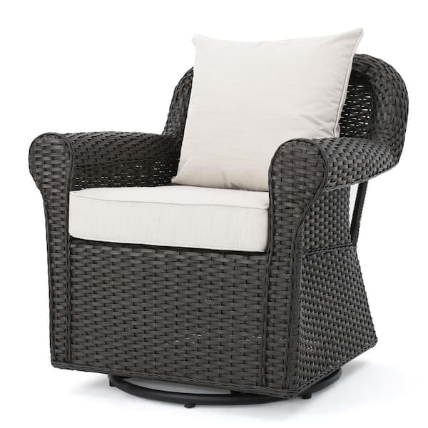 Miscool Anky Swivel Rocker Brown Wicker Outdoor Lounge Chair with Beige Cushion