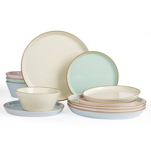 12-Piece Stoneware Dinnerware Set Multi-Color with Rim Chip Scratch Resistant Plates Bowls Service for 4