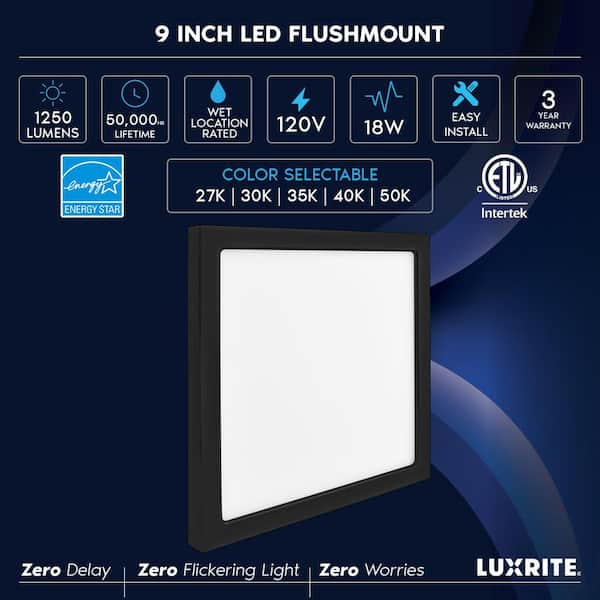9 in. Black Modern Square LED Flush Mount Ceiling Light Integrated 18-Watt 1250LM 5CCT 2700K to 5000K Dimmable ETL