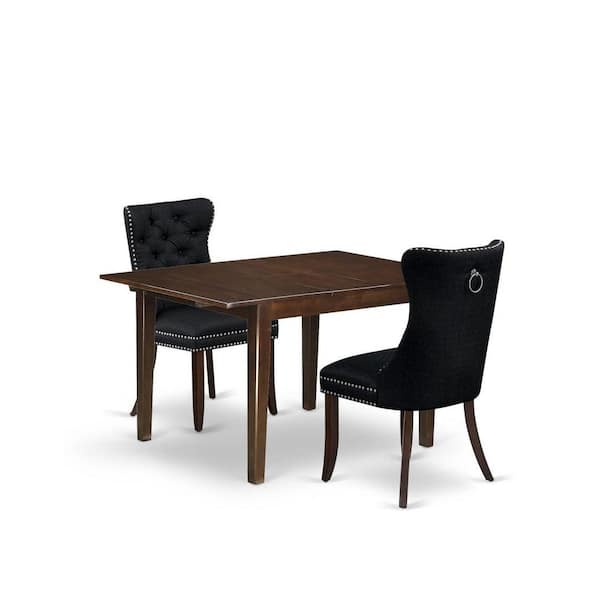 East West Furniture 3-Piece Mahogany Finish Rectangular Solid Wood Top with Butterfly Leaf Dining Table Set