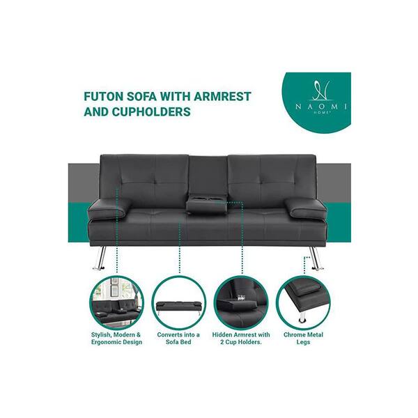 Homfa Upholstered Couch Sofa Bed, 66.3'' Folding Futon Sofa with Removable  Armrests and 2 Cup Holders for Living Room, Black 