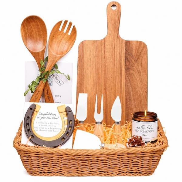 Housewarming Gift Basket Set Acacia Wood Cheese Board Candle Cheese Knives Salad Spoons Horseshoe Rattan