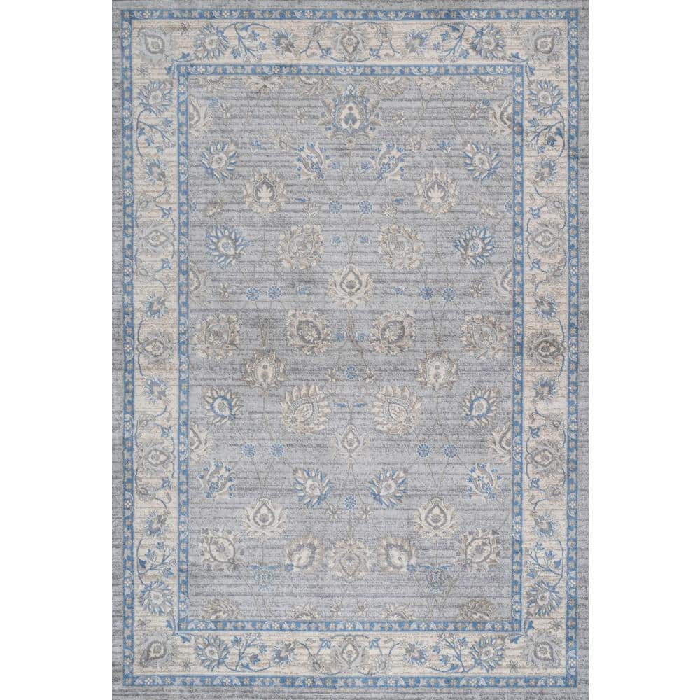 Gray and Blue Floral Synthetic Runner Rug, 2 ft x 8 ft