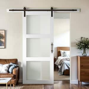 34in x 84in 3-lite Frosted Glass Prefinished White MDF Sliding Barn Door with Hardware Kit