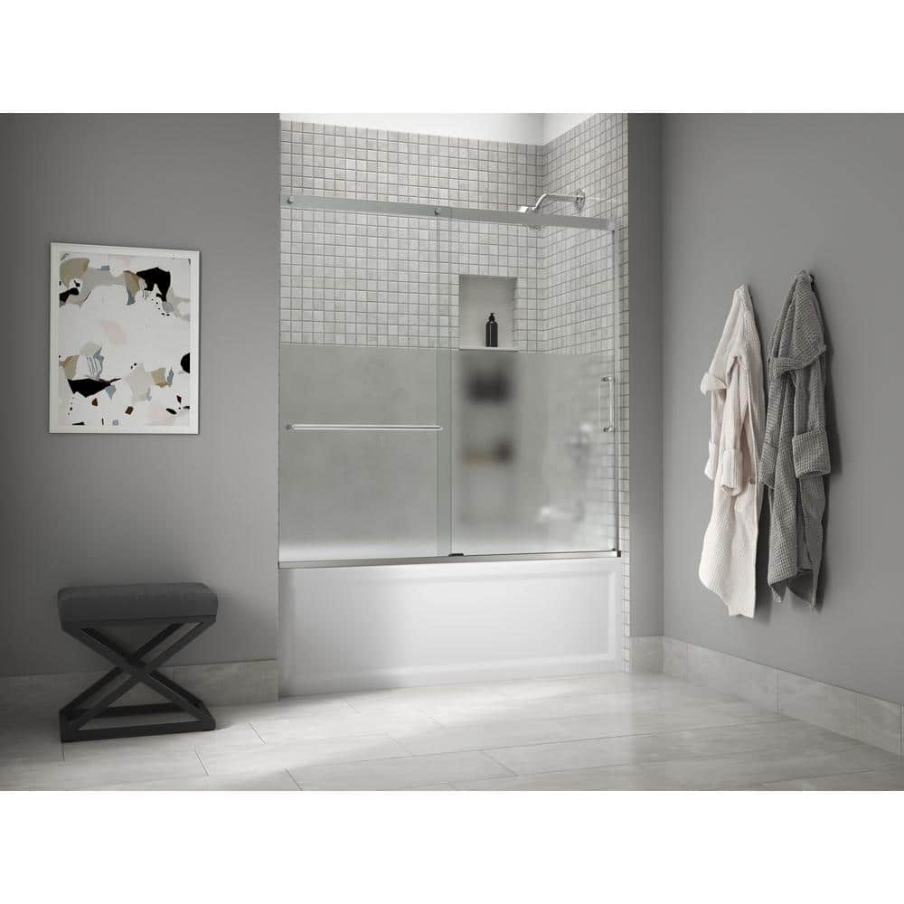 KOHLER Elate 56-60 in. W x 57 in. H Sliding Frameless Tub Door in Bright Silver with Crystal Clear Glass with Privacy Band -  707618-8G81-SH