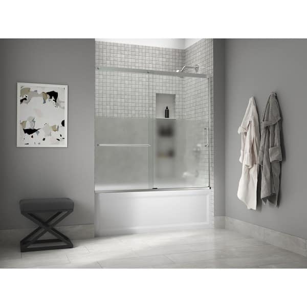 KOHLER Elate 56-60 in. W x 57 in. H Sliding Frameless Tub Door in Bright Silver with Crystal Clear Glass with Privacy Band