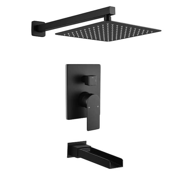 AIMADI Single Handle 1-Spray Waterfall Tub and Shower Faucet 1.8 GPM Brass 10 in. Shower System in Matte Black Valve Included