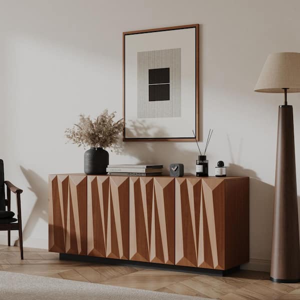 Noble House Cersei 59.5 inch Buffet Cabinet with Geometric Doors, Mid-Century Storage Sideboard, Walnut