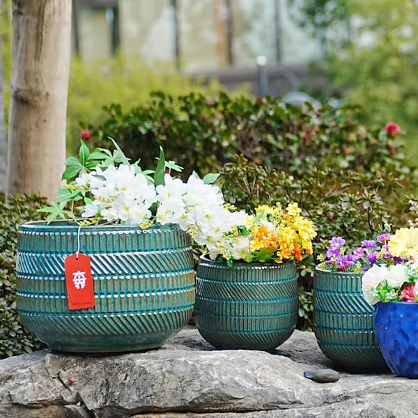 Set of 3 10.04 in. Antique Navy Blue Ceramic Flowerpot-Round Modern Planter with Drainage Hole, Frost&Weather Resistant