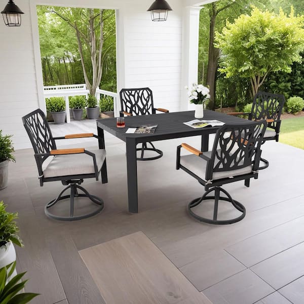 5-Pieces Aluminum Rectangular Swivel Outdoor Dining Set with Sunbrella Cushions and Umbrella Hole