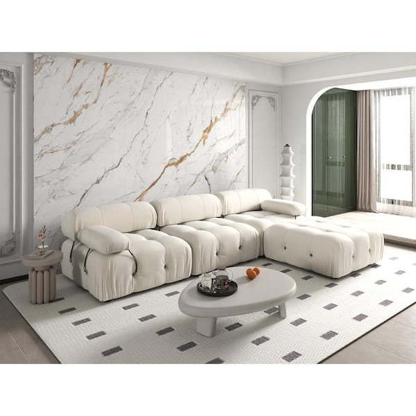 103.95 in. W Square Arm Velvet L Shaped Modular Free Combination Sofa with Ottoman in Beige