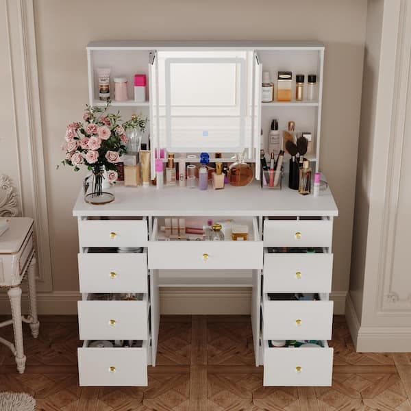 White Modern Makeup Vanity Desk 9 Drawers Wood Dressing Table With 3 Mirrors, Hidden Storage Shelves, LED Lighted