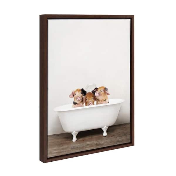 Sylvie "Three Little Pigs In Vintage Bathtub" by Amy Peterson Art Studio Brown Framed Art Print 18 in. x 24 in.