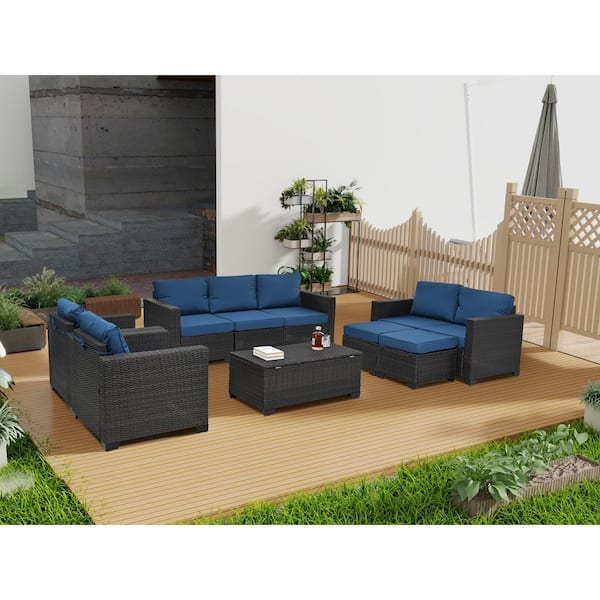 Unbranded 10 Pieces Wicker Outdoor Patio Furniture Set, Sectional Set, with Peacock Blue Cushions & Tempered Glass Coffee Table
