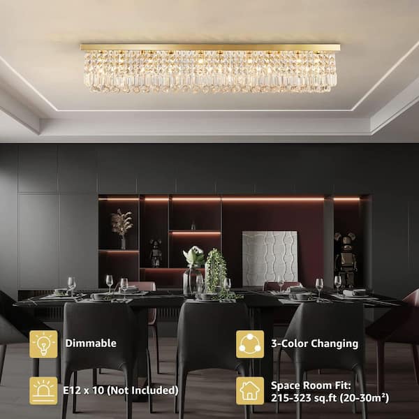 Modern 47 in. 10-Lights Gold Rectangle Crystal Chandelier with K9 Crystal Flush Mount Ceiling Lights Fixture