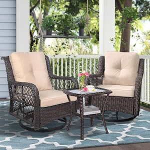 3-Piece Grey Wicker Patio Conversation Set with Khaki Cushions, Rocking Swivel Chair with Glass Top Side Table