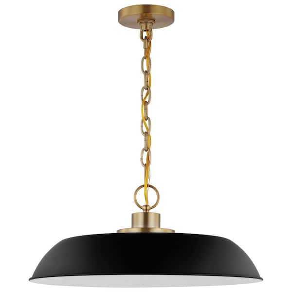 Colony 100-Watt 1-Light Matte Black/Burnished Brass Shaded Pendant Light with Black Metal Shade, No Bulbs Included