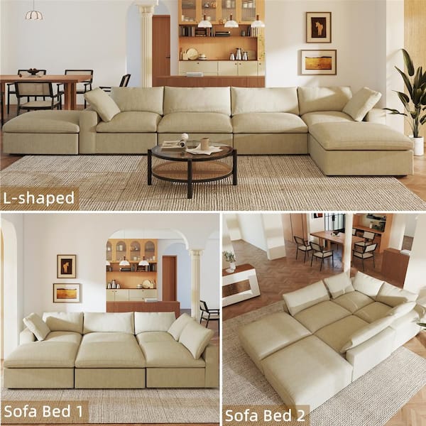 157 in. Square Arm 6-Piece Linen U-shaped Sectional Sofa Cloud Couch in. Khaki with Storage Ottomans
