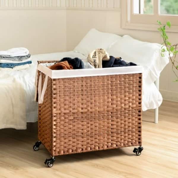 Unbranded Brown 28 in. x 26 in. Wicker Decorative Basket Foldable Clothes Laundry Basket with Lid and Handles, Removable Liner