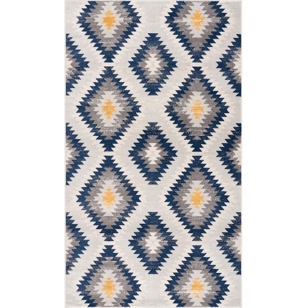 Savannah Blue 2 ft. 6 in. x 4 ft. 9 in. Modern Abstract Area Rug Doormat Entrance Floor Mat